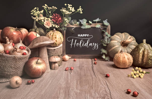 istock Autumn arrangement with apples, decorations and text 