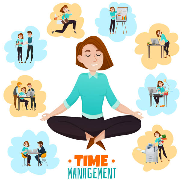 illustrazioni stock, clip art, cartoni animati e icone di tendenza di illustrazione multitasking - yoga meeting