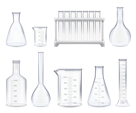Set of realistic test-tubes and glass jars of various shape with measuring scale isolated vector illustration