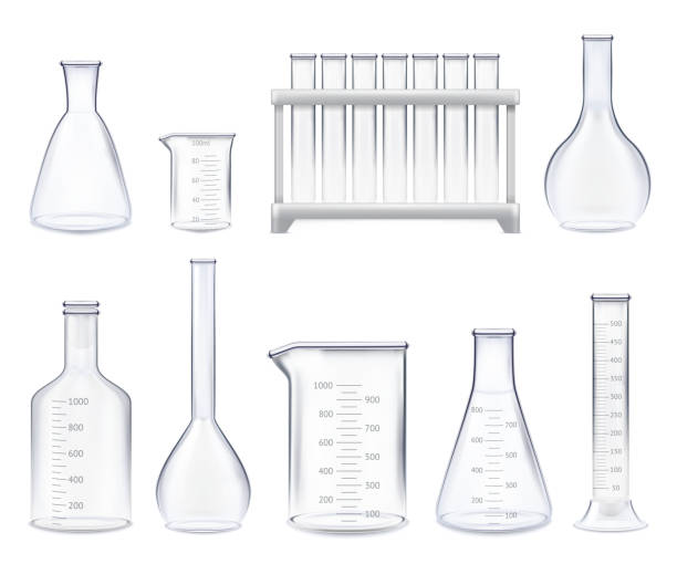 realistic test-tubes set Set of realistic test-tubes and glass jars of various shape with measuring scale isolated vector illustration laboratory glassware stock illustrations