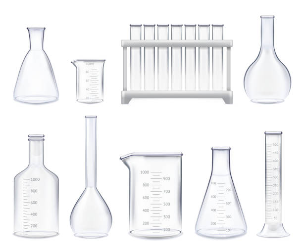 realistic test-tubes set Set of realistic test-tubes and glass jars of various shape with measuring scale isolated vector illustration chemistry beaker stock illustrations