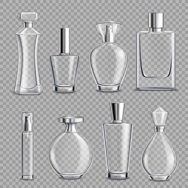 perfume glass bottles realistic 3d transparent Perfume glass bottles various shapes and caps clear colorless realistic set on transparent background isolated vector illustration silver bottle cap stock illustrations