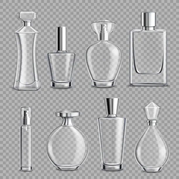 Vector illustration of perfume glass bottles realistic 3d transparent