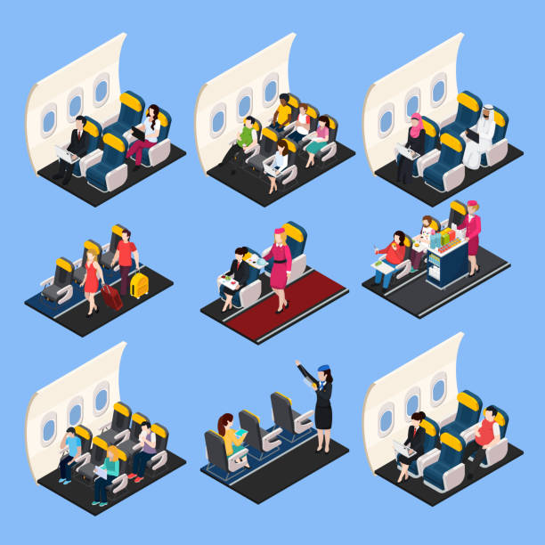 airplane passengers crew isometric people composition Airplane passengers and crew isometric composition set isolated vector illustration window seat vehicle stock illustrations