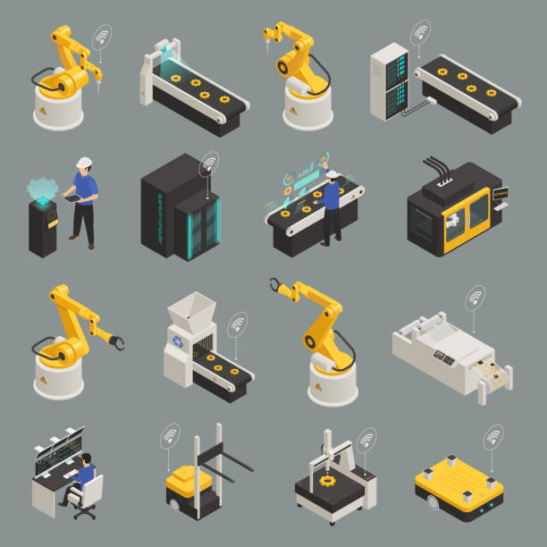 smart industry ntelligent manufacturing isometric icons Smart industry intelligent manufacturing technologies with 3d printing remote controlled automated robots holographic projections isolated vector illustration manufacturing equipment stock illustrations