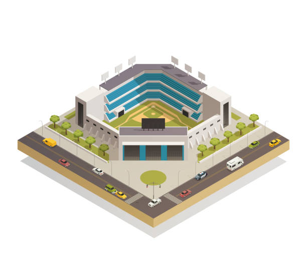 stadium sport arena isometric composition Classic baseball ballpark play area with sport stadium seating entrance and adjacent streets isometric composition vector illustration baseball pitcher baseball player baseball diamond stock illustrations