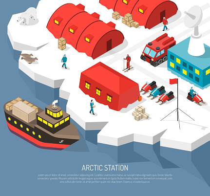Arctic meteorological research polar station isometric poster with cargo ship arrival tracked vehicles snowmobiles helipad vector illustration