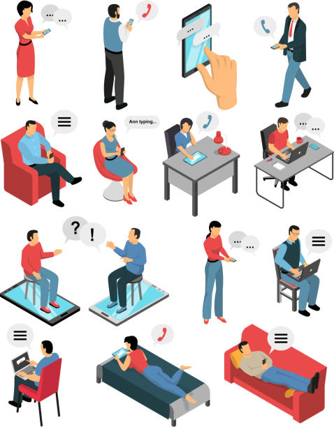 isometric people chating set Isometric icons set with people during chatting by phone, in messengers and social networks isolated vector illustration computer computer icon friendship sign stock illustrations