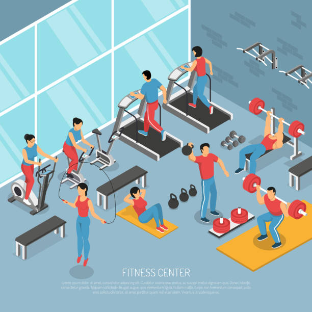ilustrações de stock, clip art, desenhos animados e ícones de isometric fitness sport gym illustration - muscular build body building abdominal muscle barbell