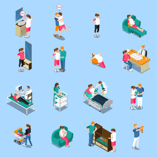 임신 출생 신생아 등각 투영 아이콘 - isometric healthcare and medicine doctor people stock illustrations