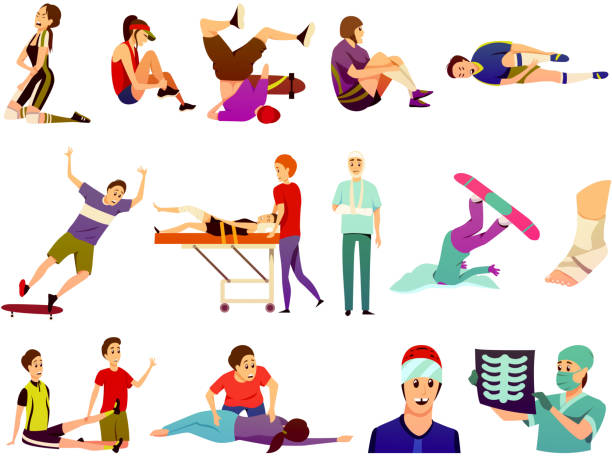 sport injury  flat colorful icons Sport injury flat colorful icons collection of isolated athletes suffering from traumas and sports medicine doctors vector illustration sports medicine stock illustrations