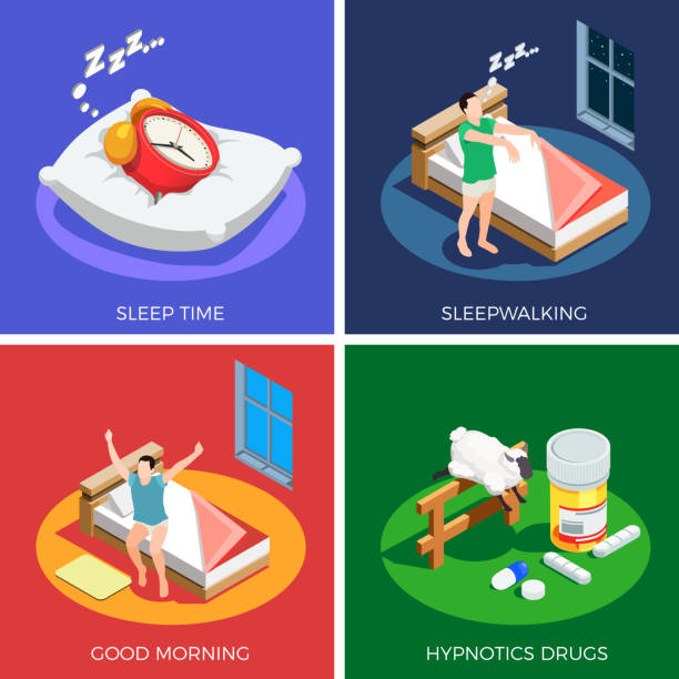 sleep time sleep disorders isometric 2x2 Sleep time isometric design concept with walking during dream, healthy awaking, hypnotics drugs isolated vector illustration insomnia illustrations stock illustrations