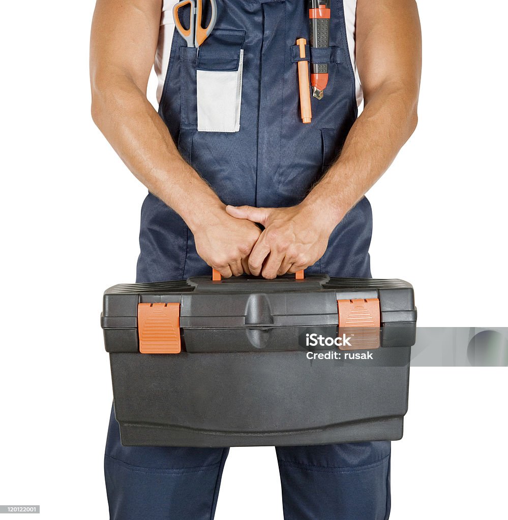 repairman repairman with box of instruments on white background Blue-collar Worker Stock Photo