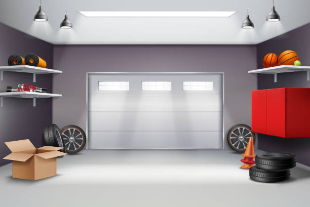 illustrazioni stock, clip art, cartoni animati e icone di tendenza di garage interno composizione realistica - garage