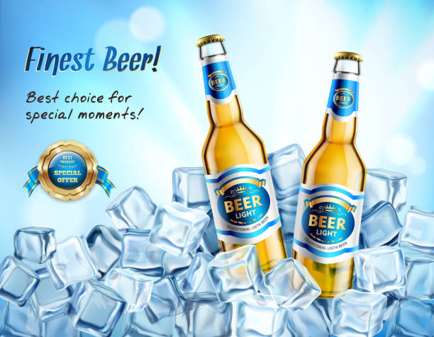 beer ad composition 3d realistic Realistic glass bottles of light beer in ice cubes ad poster on blue blurred background vector illustration beer brands stock illustrations