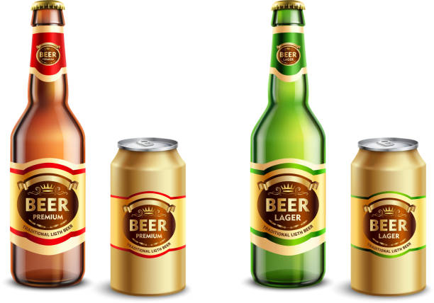ilustraciones, imágenes clip art, dibujos animados e iconos de stock de botellas de cerveza de vidrio y latas de cerveza realista 3d - malt white background alcohol drink