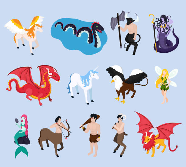 ilustraciones, imágenes clip art, dibujos animados e iconos de stock de criaturas míticas iconos isométricos - pegasus horse symbol mythology