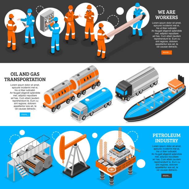 isometrische ölgasindustrie horizontale banner - oil rig oil industry sea oil stock-grafiken, -clipart, -cartoons und -symbole