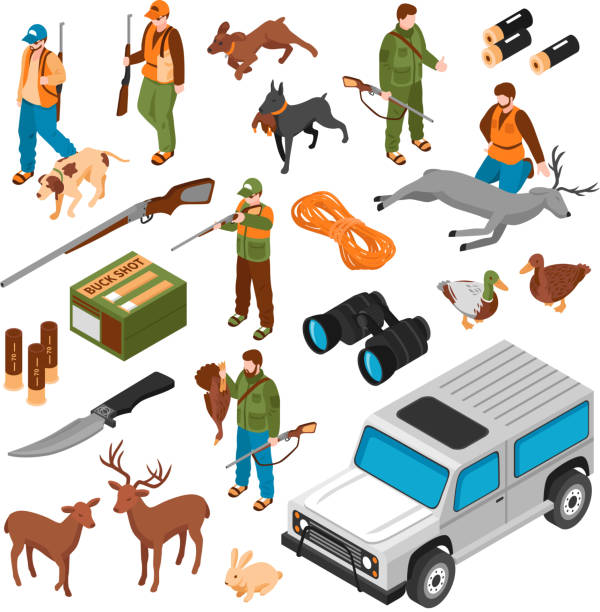 ilustrações de stock, clip art, desenhos animados e ícones de isometric hunting set - weapon dagger hunting hunter