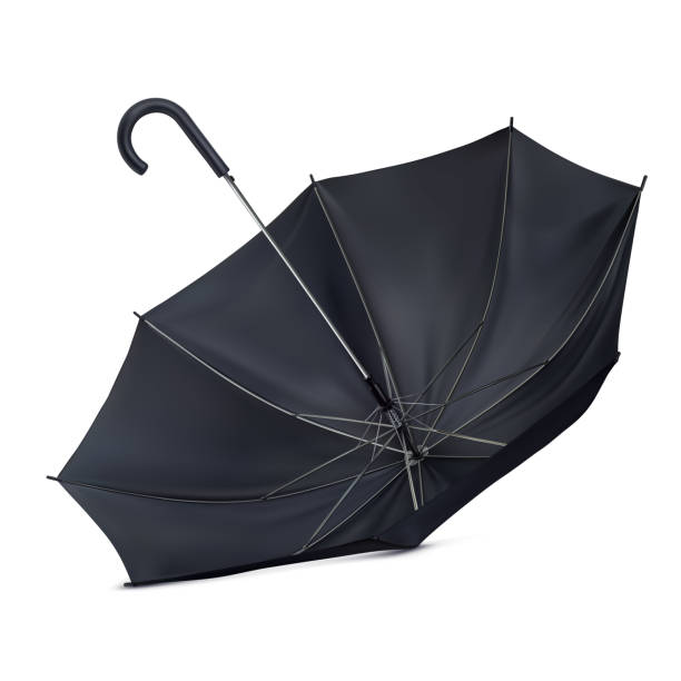 istock The umbrella lies upside down on the surface. Black classic umbrella cane. Realistic vector illustration isolated on white background 1201223767