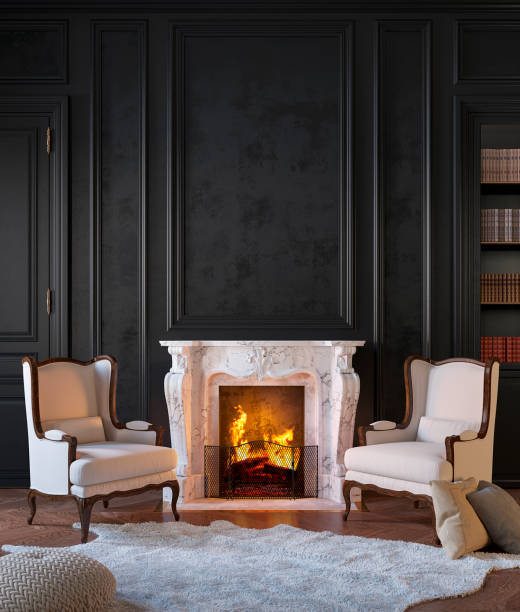 Classic black interior with fireplace, armchairs, moldings, wall pannel, carpet, fur. Classic black interior with fireplace, armchairs, moldings, wall pannel, carpet, fur. 3d render illustration mock up. fireplace and armchair stock pictures, royalty-free photos & images