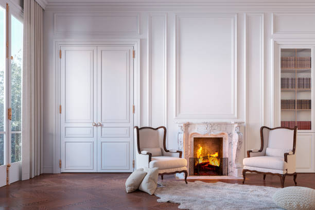 classico interno bianco con camino, poltrone, moquette, modanature, pannel da parete. - fireplace living room door wall foto e immagini stock