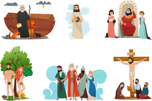 bible story set Bible narratives stylized compositions set with noah ark forbidden fruit moses story and crucifixion isolated vector illustration bible stock illustrations