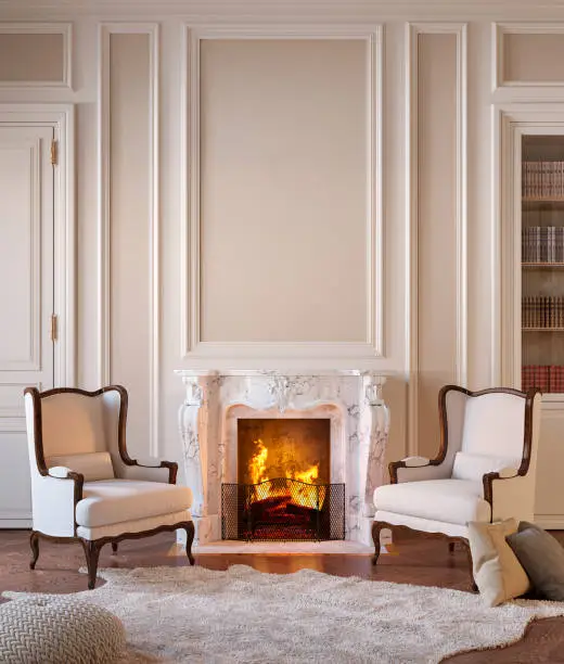 Photo of Classic beige interior with fireplace, armchairs, moldings, wall pannel, carpet, fur.