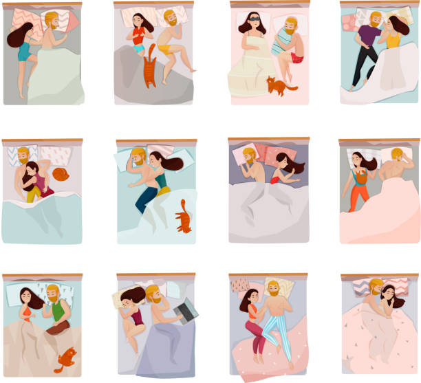 illustrations, cliparts, dessins animés et icônes de ensemble de poses de sommeil de couples - sleeping lying on back couple bed