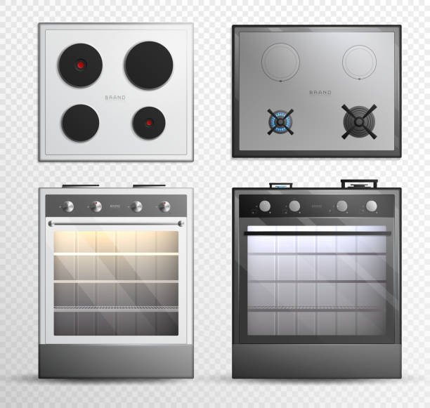 gas electric cook top stove set Gas electric cook top stove icon set with different style shape and color vector illustration electric stove burner stock illustrations