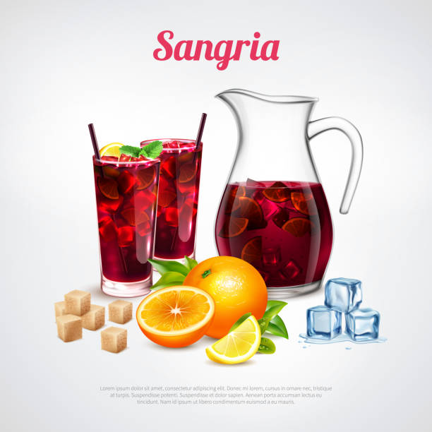 cocktails realistic Cocktails realistic poster with sangria ingredients and jug of alcoholic beverage inside vector illustration sangria stock illustrations