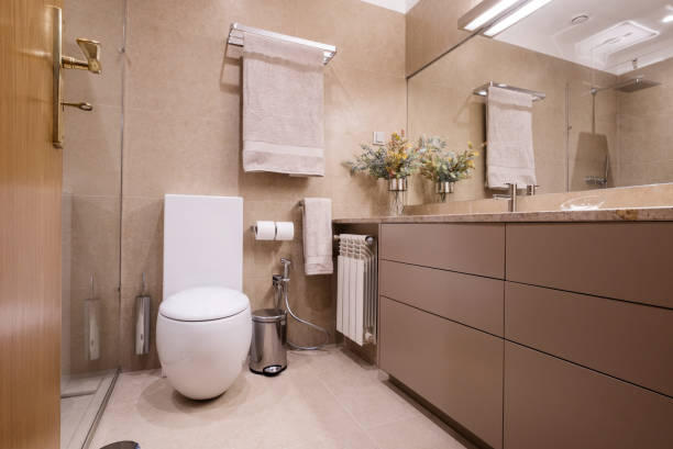 istock Bathroom and toilet simple interior design, brown colours 1201225301