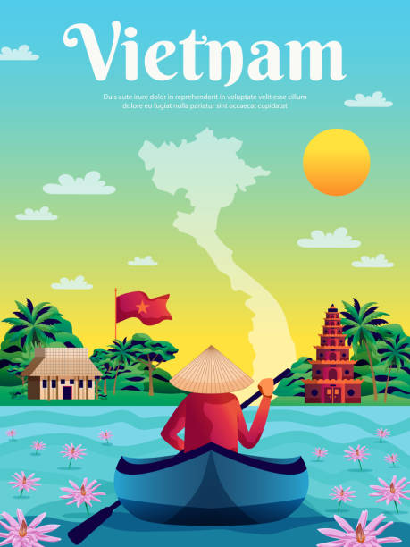 vietnam poster Vietnam poster with colored landscape map national flag and native in boat cartoon vector illustration bay cartoon stock illustrations