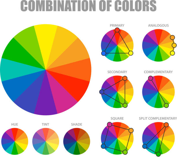 color scheme combination colors set Color theory with hue tint shades wheels for primary secondary and supplementary combinations schemes poster vector illustration secondary colors stock illustrations