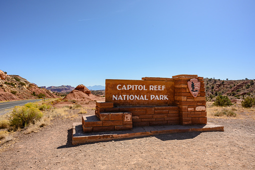 Capitol Reef National Park, United States: October 5, 2019: Capitol Reef Entry Sign outside of one of Utah's five National Parks