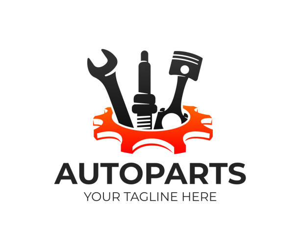 autoparts in getriebe, autokolben, zündkerze und schraubenschlüssel, ausführung. automobilteile, automobil-detail und reparatur auto, vektor-design und illustration - car equipment stock-grafiken, -clipart, -cartoons und -symbole