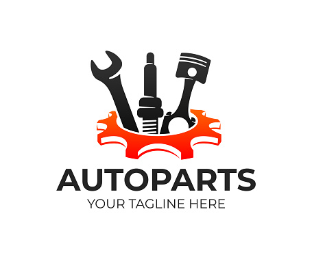 Autoparts in gear, auto piston, spark plug and wrench, design. Automotive parts, automobile detail and repairing car, vector design and illustration