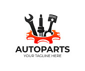 istock Autoparts in gear, auto piston, spark plug and wrench, design. Automotive parts, automobile detail and repairing car, vector design and illustration 1201226771