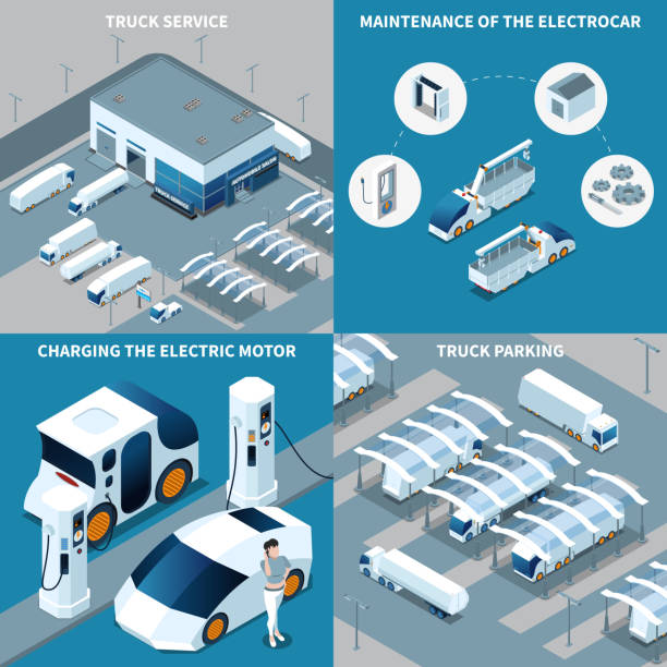 illustrations, cliparts, dessins animés et icônes de véhicules électriques futuristes modernes isométriques 2x2 - isometric truck traffic semi truck