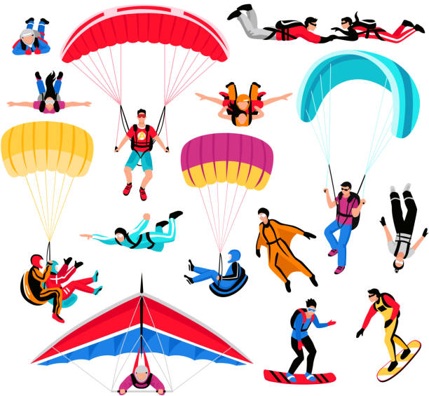 ilustrações de stock, clip art, desenhos animados e ícones de skydiving extreme sport set - skydiving tandem parachute parachuting