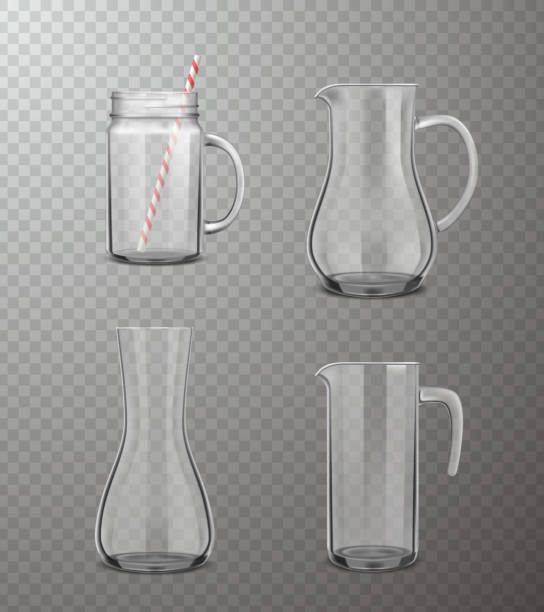 glass jug carafe realistic transparent 3d Four isolated glass jugs of different form in realistic style on transparent background vector illustration glass of milk transparent background stock illustrations