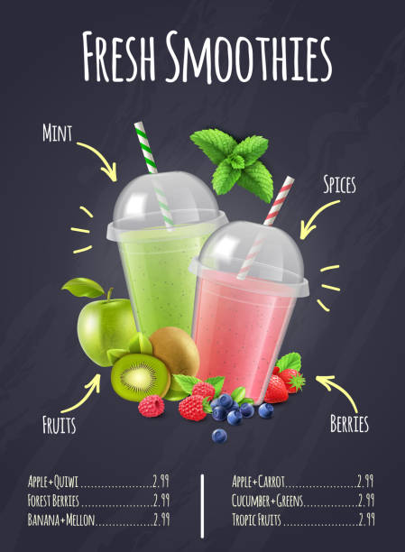 smoothies realistic composition Restaurant or bar menu page with fresh smoothies realistic composition hand drawn price and ingredients labeling vector illustration smoothie stock illustrations