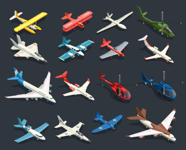 airplanes helicopters isometric icons Set of isometric icons airplanes and helicopters of various shape on black background isolated vector illustration helicopter modern stock illustrations