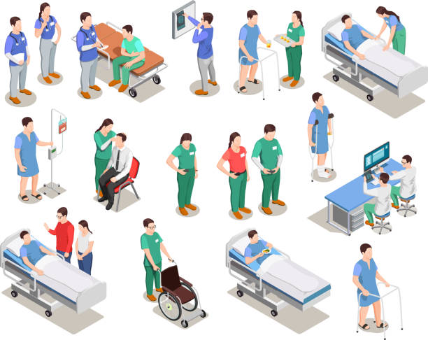 병원 직원 의사 환자 등각 투영 사람들 - isometric healthcare and medicine doctor people stock illustrations