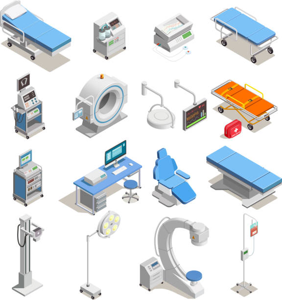 medical equipment isometric icons Medical equipment including hospital beds with electronic devices, mri scanner set of isometric icons isolated vector illustration medical equipment stock illustrations