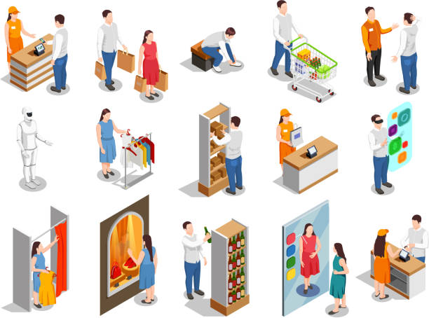 consumers commercial isometric people Commercial consumers during fitting of clothing, choice of products, payment on cashier isometric people isolated vector illustration buying illustrations stock illustrations