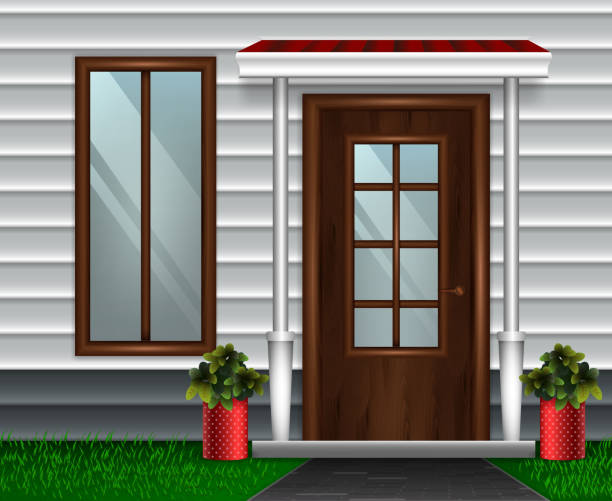 ilustraciones, imágenes clip art, dibujos animados e iconos de stock de puertas de entrada fachada realista 3d - front porch
