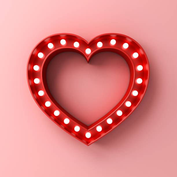 ネオンライトハートは、影のデザイン要素とピンクのパステルカラーの壁の背景に空白のバナーをサイン - love red symbol valentines day ストックフォトと画像