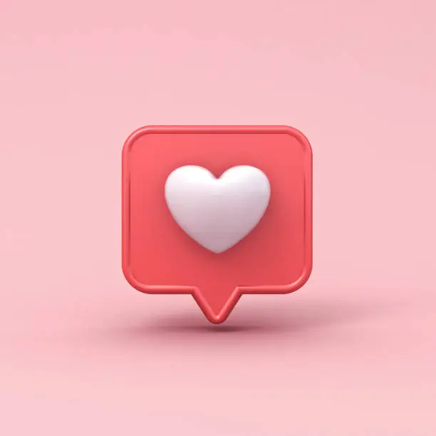 Photo of 3d realistic love like heart social media notification icon on pink pastel color background with shadow