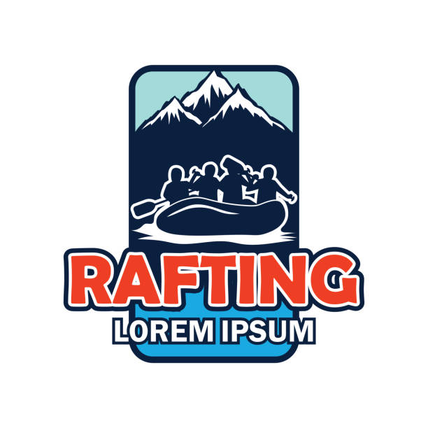 illustrazioni stock, clip art, cartoni animati e icone di tendenza di insegne rafting con spazio di testo per il tuo slogan / tag line, illustrazione vettoriale - extreme sports rafting team sport white water rafting